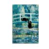 Two black cats on Monet-inspired Japanese bridge over water lily pond impressionist canvas art print.