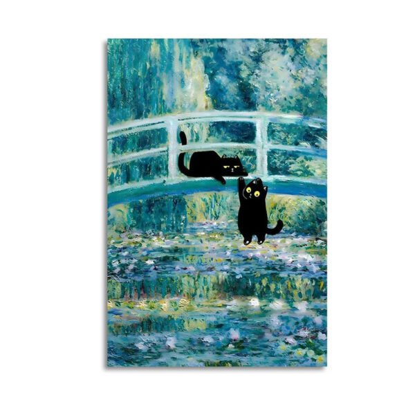 Two black cats on Monet-inspired Japanese bridge over water lily pond impressionist canvas art print.
