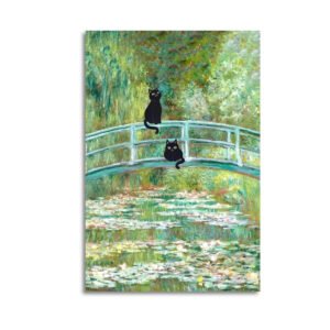 Two black cats sitting on Japanese bridge over lily pond in impressionist painting style inspired by Monet's water garden series.