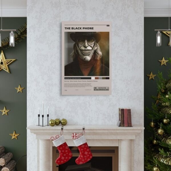 The Black Phone movie poster displayed as wall art above Christmas decorated fireplace mantel in elegant holiday home decor