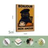 "Bonjour Mon Amour" French cat canvas print shown in 24x16 inch size with detailed unframed packaging process illustration showing metal hooks, wood framing, elaborate workmanship, and final framed canvas steps.