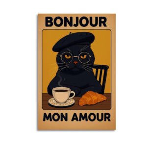 "Bonjour Mon Amour" vintage French poster featuring a sophisticated black cat wearing beret and glasses at café table with coffee and croissant in warm golden tones.