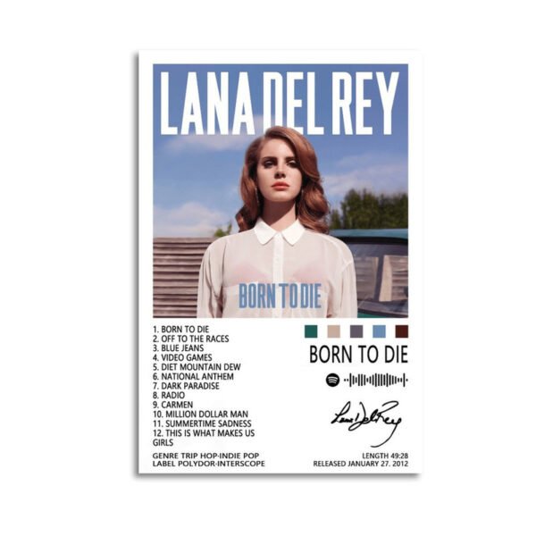 Born to Die album poster featuring Lana Del Rey with complete track listing, and artist signature for wall art display