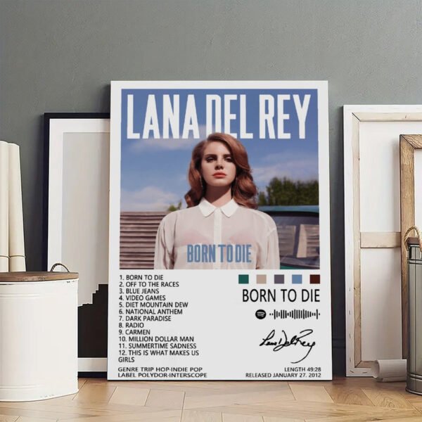 Born to Die album art poster in modern minimalist interior with complete tracklist, Spotify code, and contemporary white frame styling