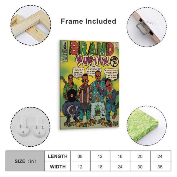 Brand Nubian vintage comic poster with wooden frame included, showing multiple size options and complete installation package.