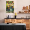 Brand Nubian vintage comic book poster displayed as unique wall art in modern Scandinavian-style kitchen with wood cabinetry.