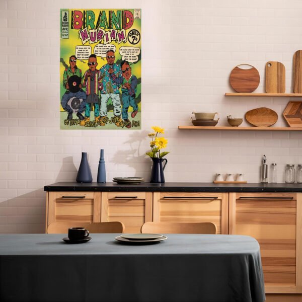 Brand Nubian vintage comic book poster displayed as unique wall art in modern Scandinavian-style kitchen with wood cabinetry.