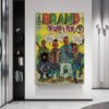 Brand Nubian vintage comic book poster displayed as wall art in modern minimalist home interior with built-in shelving.