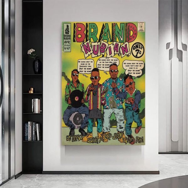 Brand Nubian vintage comic book poster displayed as wall art in modern minimalist home interior with built-in shelving.