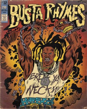 Busta Rhymes vintage comic book style poster with explosive background and hip-hop imagery in retro comic art design.