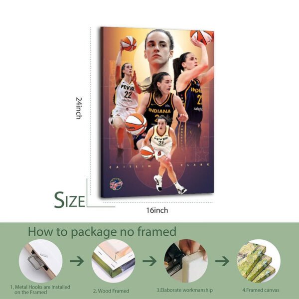 Caitlin Clark basketball canvas print 16x24 inches showing packaging process for unframed artwork