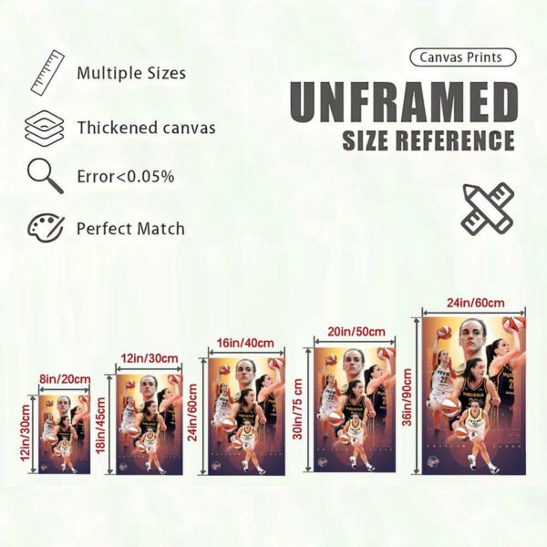 Caitlin Clark basketball canvas print size reference chart showing 5 different dimensions from 8x12 to 24x36 inches with quality specifications