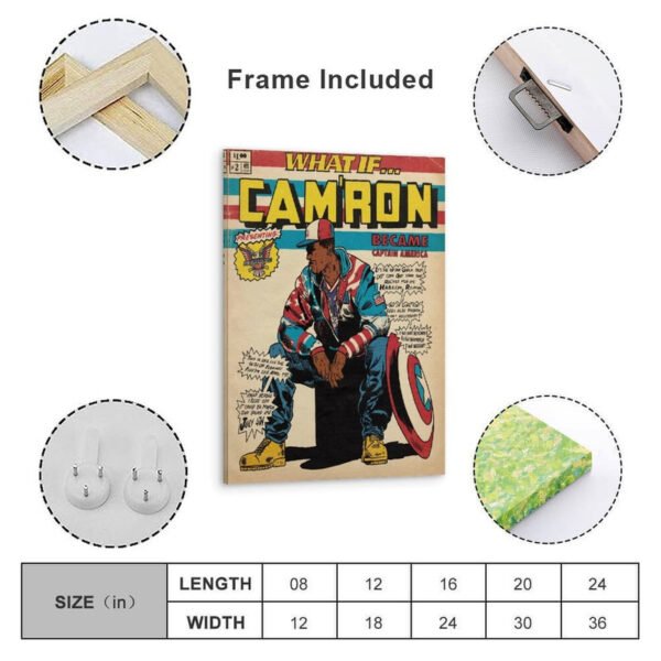 Framed Cam'ron Captain America comic poster with frame construction details and size specifications chart for wall art display.