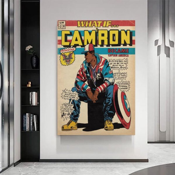 Cam'ron Captain America comic poster displayed as modern wall art in contemporary minimalist interior design.