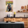 Cam'ron Captain America comic poster displayed in modern Scandinavian kitchen with wood cabinets and ceramic dishware.