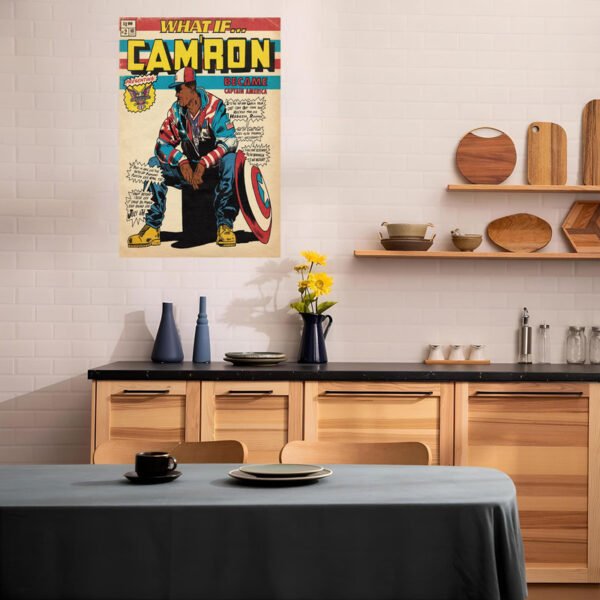 Cam'ron Captain America comic poster displayed in modern Scandinavian kitchen with wood cabinets and ceramic dishware.