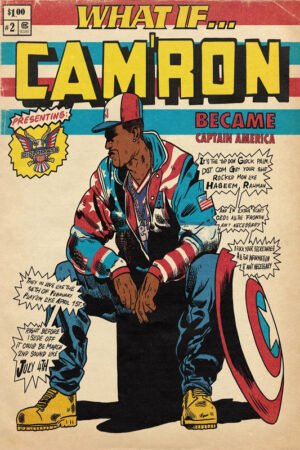 Vintage comic book cover featuring Cam'ron as Captain America in retro Marvel-style artwork with classic comic book design elements.