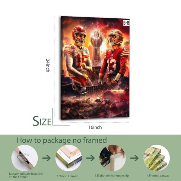 NFL canvas art size guide showing 16x24 inch dimensions with step-by-step framing and installation instructions including metal hooks and wood frame options