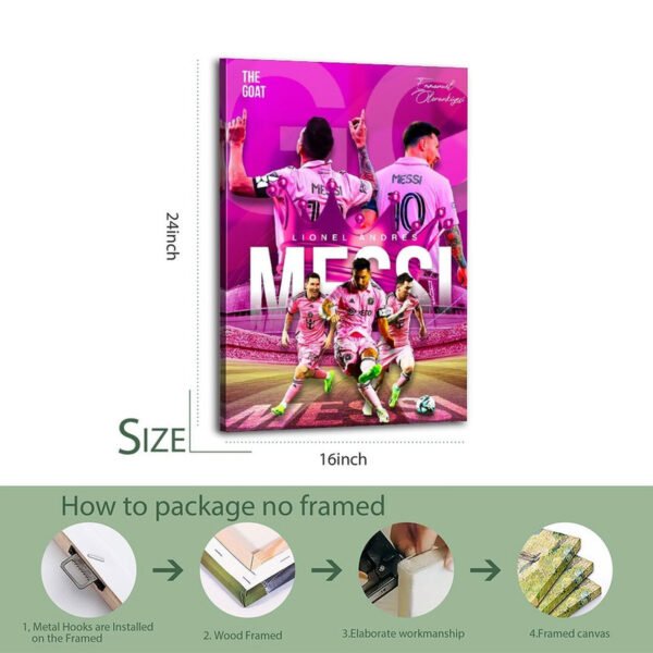 Professional canvas framing process showing 4-step packaging method with wood frame and metal hook installation
