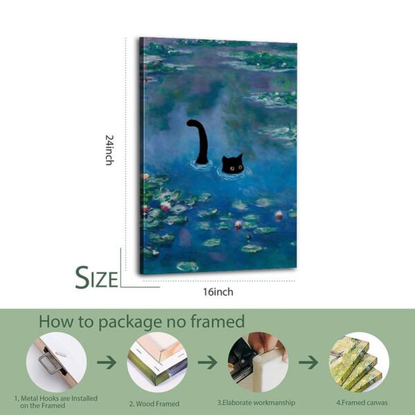 Canvas print packaging and installation guide showing 16x24 inch cat swimming artwork with step-by-step framing process from metal hooks to finished canvas.