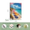 16x24 inch Mediterranean beach canvas print with 4-step professional packaging process showing metal hooks installation, wood framing, elaborate workmanship and final framed canvas preparation
