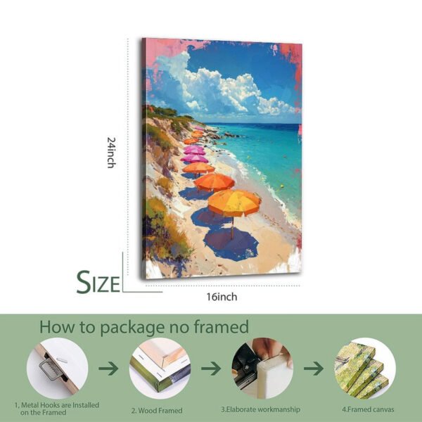 16x24 inch Mediterranean beach canvas print with 4-step professional packaging process showing metal hooks installation, wood framing, elaborate workmanship and final framed canvas preparation