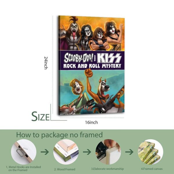 24x16 inch Scooby-Doo KISS canvas print with step-by-step packaging guide showing metal hooks installation, wood framing, elaborate workmanship and final framed canvas result.