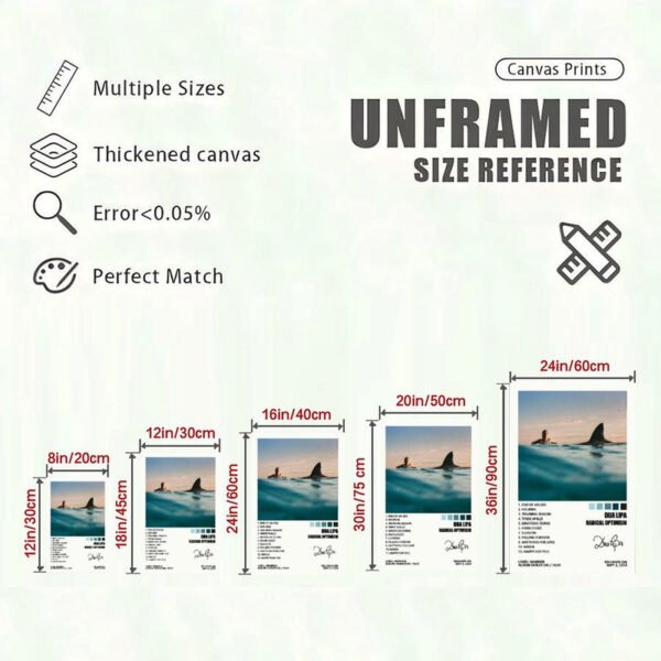 Canvas print size reference chart showing multiple dimensions for Dua Lipa Radical Optimism artwork