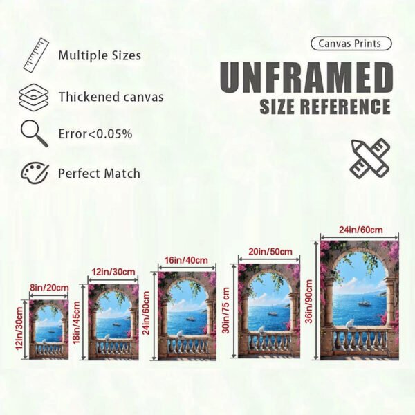 Canvas print size reference chart showing Mediterranean terrace artwork in five dimensions from 8x12 to 24x36 inches with quality specifications.