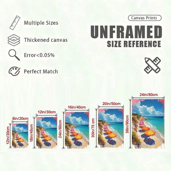 Canvas print size reference chart showing 5 different dimensions for Mediterranean beach umbrella artwork with quality specifications and measurements