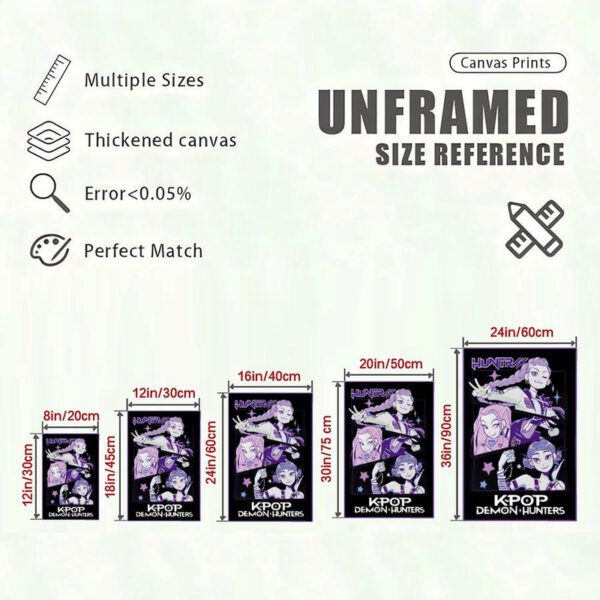 Canvas print size reference chart showing K-pop Demon Hunters anime artwork in multiple dimensions from 8in to 24in with quality specifications.