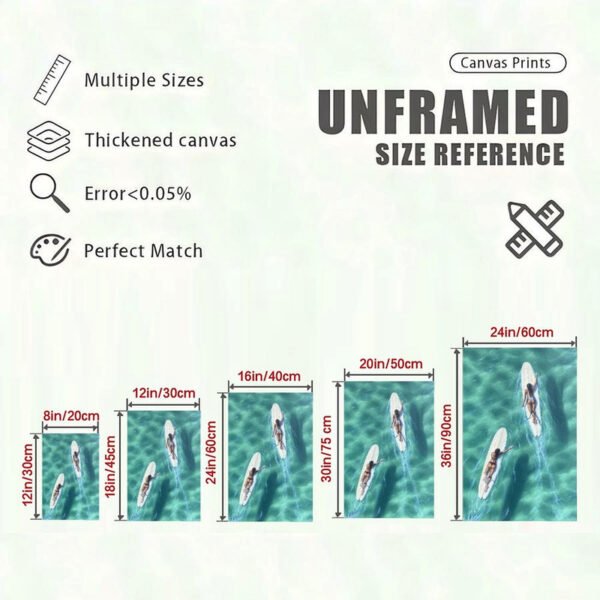 Canvas print size reference chart showing multiple dimensions from 8in to 24in with aerial ocean surf artwork and professional quality specifications.