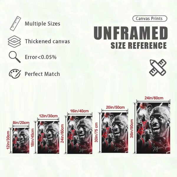 Canvas print size reference guide showing Michael Jordan poster in multiple dimensions from 8x12 to 24x36 inches with unframed options and thickened canvas specifications