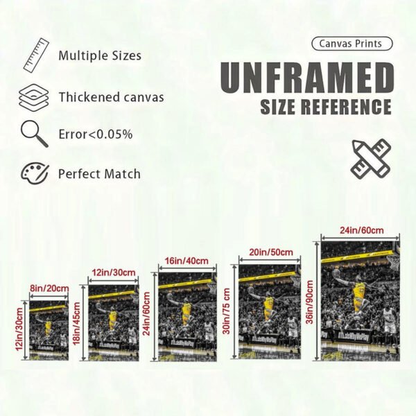 Canvas print size reference chart showing LeBron James Lakers artwork in five different dimensions with thickened canvas specifications