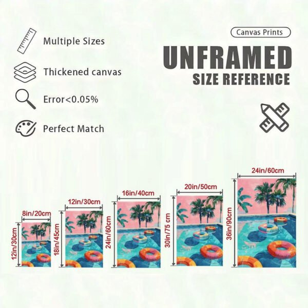 Canvas print size reference guide showing tropical pool artwork in five different dimensions from 8x12 to 24x36 inches with quality specifications.