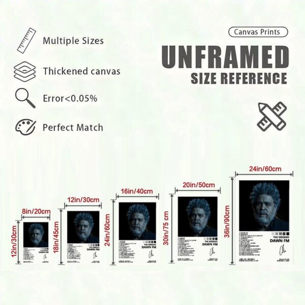 Canvas print size reference guide showing The Weeknd Dawn FM artwork in multiple dimensions from 8x12 to 24x36 inches with quality specifications.