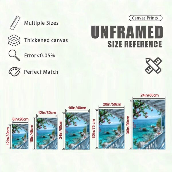 Mediterranean coastal balcony canvas print size reference showing five different dimensions with turquoise sea view