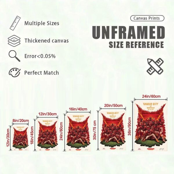 Canvas print size reference chart showing Kansas City Chiefs poster in multiple dimensions from 8in to 24in with technical specifications