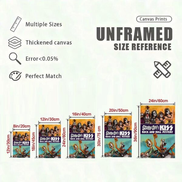 Canvas print size reference chart showing Scooby-Doo KISS artwork in multiple dimensions from 8in to 24in with unframed specifications and quality features.