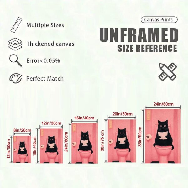Canvas print size reference chart showing 5 different dimensions for unframed cat bathroom art with quality specifications.