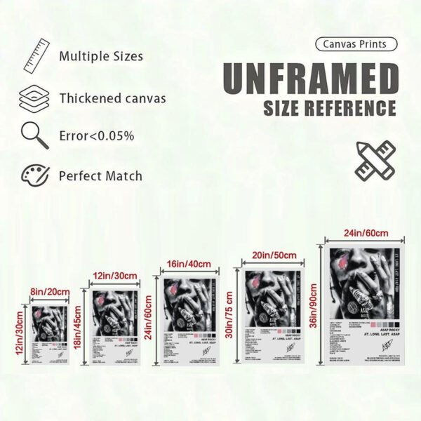 Canvas print size reference chart showing 5 different dimensions from 8in/20cm to 24in/60cm for unframed A$AP Rocky album poster with quality specifications including thickened canvas and error rate under 0.05%.