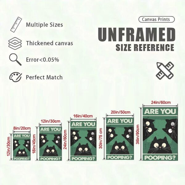Canvas print size reference chart showing five different dimensions for "Are You Pooping?" cat poster with quality specifications and measurement details.