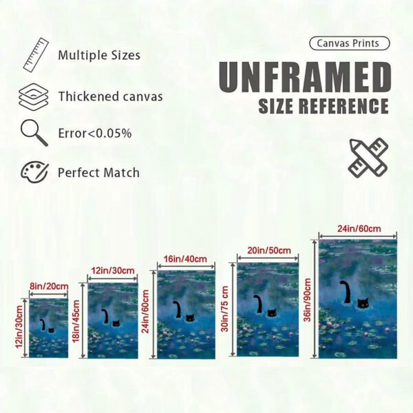 Canvas print size reference chart showing five different dimensions for unframed cat swimming artwork with detailed measurements and specifications.