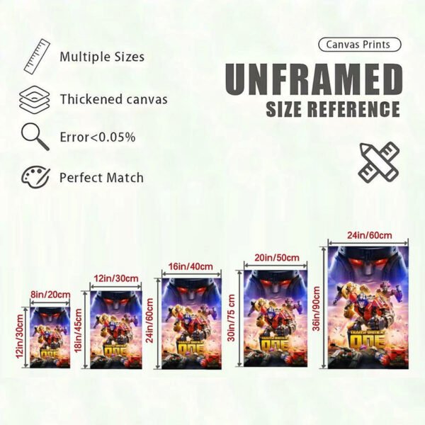 Canvas print size reference chart showing Transformers One poster dimensions from 8x12 to 24x36 inches