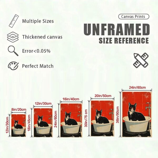 Canvas print size reference chart showing vintage cat artwork in five sizes from 8x12 to 24x36 inches with quality specifications.