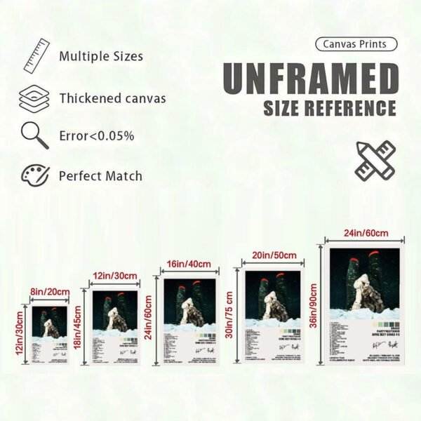 Canvas print size reference chart showing five different dimensions for Drake PARTYNEXTDOOR album poster with quality specifications