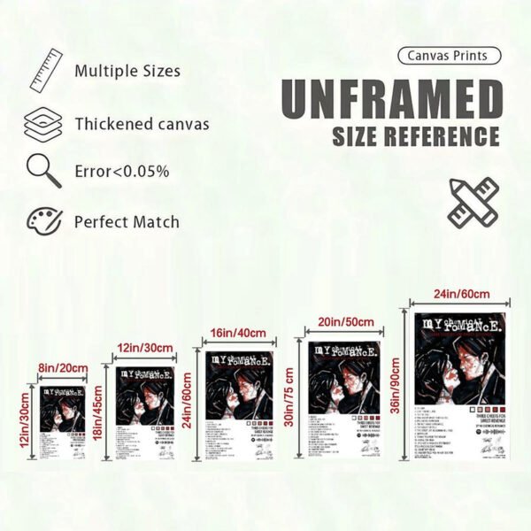 Canvas print size reference guide showing My Chemical Romance poster in 5 different sizes from 8x12 to 24x36 inches with quality specifications