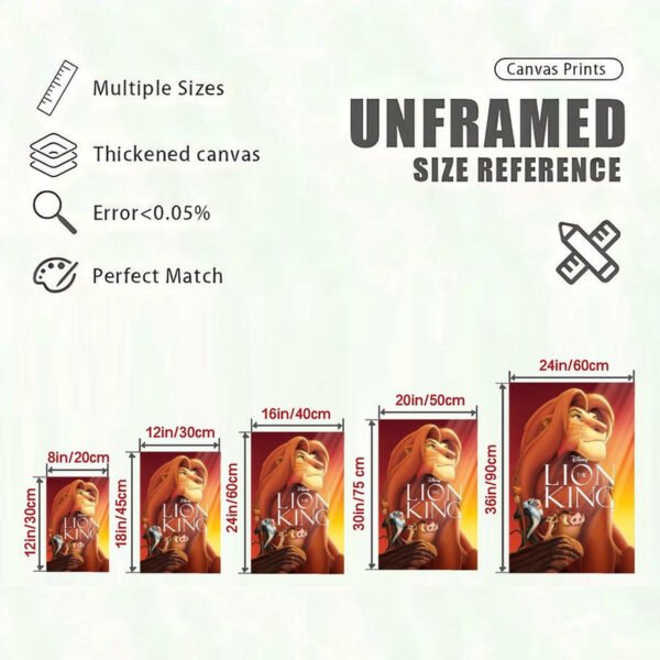 Disney Lion King canvas print size reference chart showing multiple dimensions from 8x12 to 24x36 inches with quality specifications.