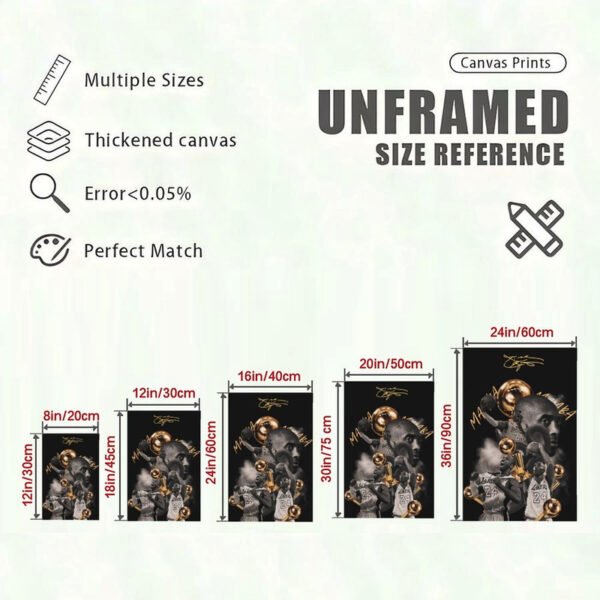 Unframed canvas prints size reference chart showing basketball artwork in 5 different dimensions from 8x12 to 24x36 inches with quality specifications