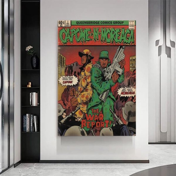 Capone-N-Noreaga The War Report vintage comic poster displayed in modern minimalist interior with built-in shelving and contemporary design elements.